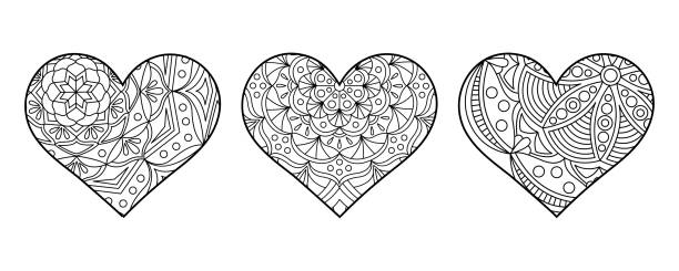 Vector heart shape coloring page. Line art geometric and floral ornaments in the heart. vector art illustration