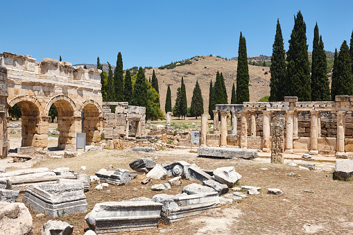 Hierapolis ancient ruins landmark in Pamukkale. Famous turkish historical site