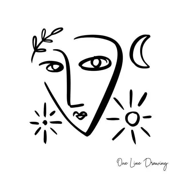 Vector illustration of Hand drawn One line magic human face