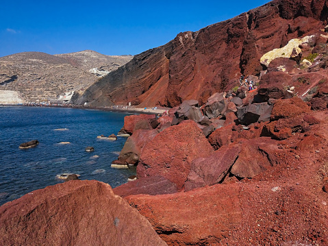 High up view of famous Red Beach, Santorini, Greece
