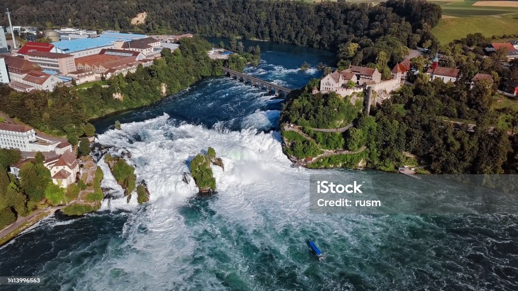 Aerial panorama of Rhine Falls, the largest waterfall in Switzerland and Europe. Aerial view of Rhine Falls, Switzerland Zurich Stock Photo