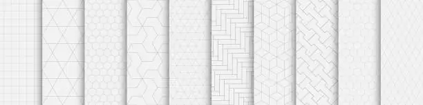 Vector illustration of Collection of seamless geometric ornamental vector patterns. Elegant repeatable oriental backgrounds. Symmetric endless white and gray textures. Ornate minimalistic prints