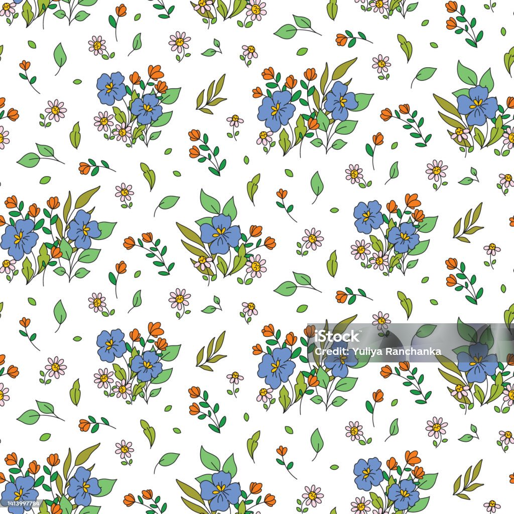 Small Flower Pattern Colour In Seamless Floral Pattern With Cute Small Plants Line Art Flowers Leaves ...