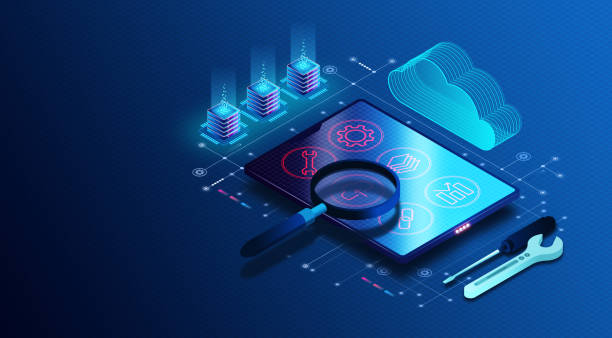 Software Application Testing Concept - 3D Illustration Software Application Testing Concept - Process of Testing Software Applications with Tools and Automation Frameworks to Identify Errors - 3D Illustration isometric cloud server stock illustrations