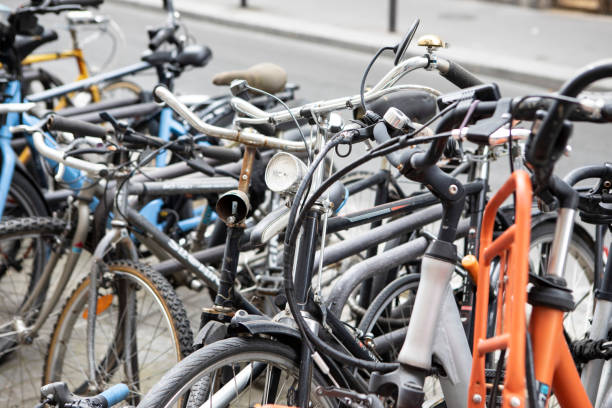 istock Row of bicycles in a Paris back street 1413998727
