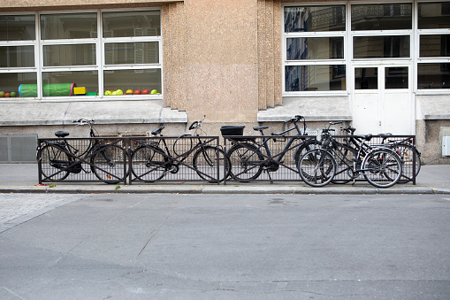Bicycles on the pavement in a backstreet in the Batignolles district of Paris