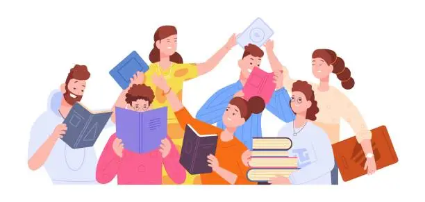 Vector illustration of People book exchange. Gift knowledge of readers group, student library books club sales bookcrossing reader girl giving textbook literature festival, splendid vector illustration