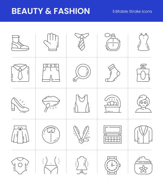 Vector illustration of Beauty And Fashion Editable Stroke Line Icons