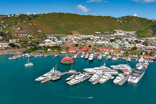 Aerial over downtown Charlotte Amalie, St. Thomas, U.S. Virgin Islands