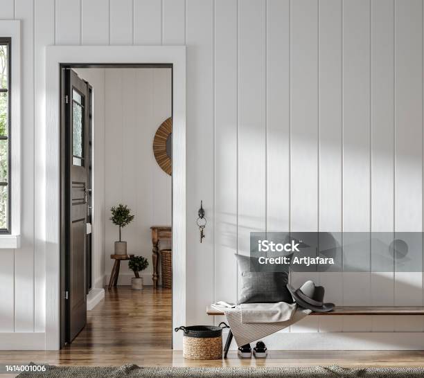 Home Mockup Farmhouse Hallway Interior Background Stock Photo - Download Image Now - Home Interior, Building Entrance, Lake