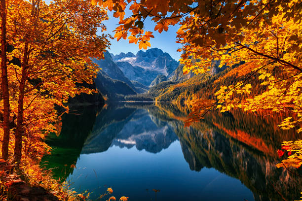 オーストリ�ア・ザルツカンメルグートのゴサウ湖(ゴサウセ)の秋 - european alps austria autumn colors ストックフォトと画像