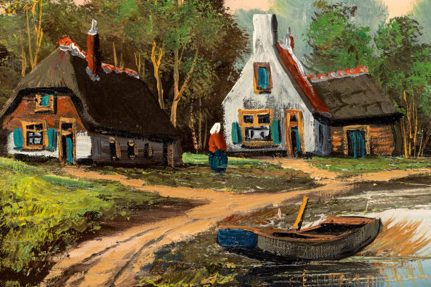 illustrations, cliparts, dessins animés et icônes de gros plan si vintage idyllic country cottage et log cabin peinture à l’huile - paintings canvas cottage painted image