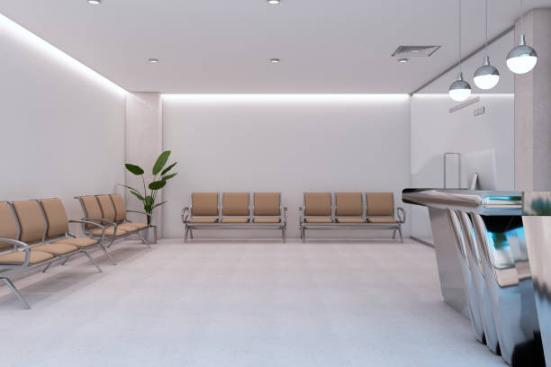istock Modern lobby interior with silver reception desk, seating and decortaive items. Waiting area concept. 3D Rendering. 1414003852