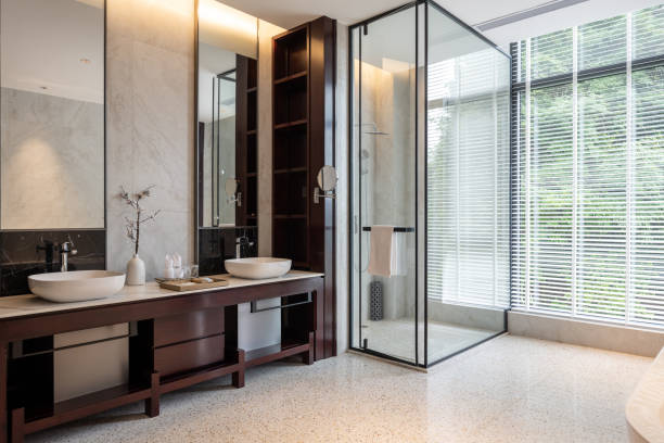 bathroom in the villa - bathroom shower glass contemporary imagens e fotografias de stock
