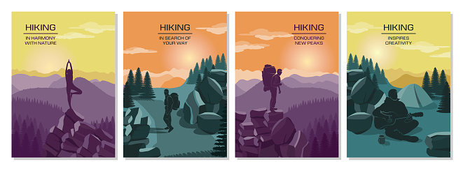 Mountain adventure posters. Hiking tourism. Outdoor vacation. Scenic sky. Rock panorama. Sport walk in forest nature. Trekking landscape. Camping and meditation at cliff peak. Vector backgrounds set
