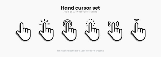 ilustrações de stock, clip art, desenhos animados e ícones de mouse click cursor set. hand cursor. click icon. mouse pointer set. arrow cursor. pointer click icon. clicking cursor, pointing hand clicks and waiting loading icons. website arrows or hand icon. - rato de computador