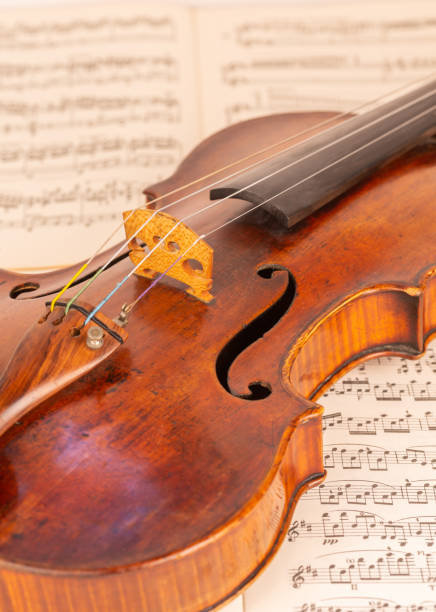 istock Old Classical Violin and bow with music sheets in the background 1414008229