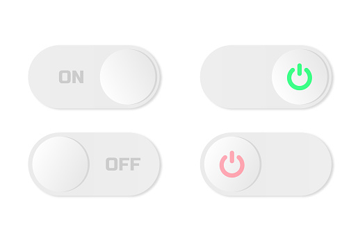On and Off toggle switch buttons. Power control switches. Gray flat style toggle buttons. Vector stock