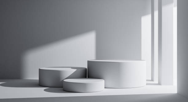 istock Three white round product podiums in minimal style with building background. Architecture and interior concept. 3D illustration rendering. 1414010074
