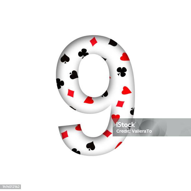 Digit Card 9 Digit Nine From Various Card Suits Shadow Isolated On A White ...