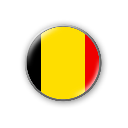 Belgium flag. Round badge in the colors of the Belgium flag. Isolated on white background. Design element. 3D illustration. Signs and symbols.