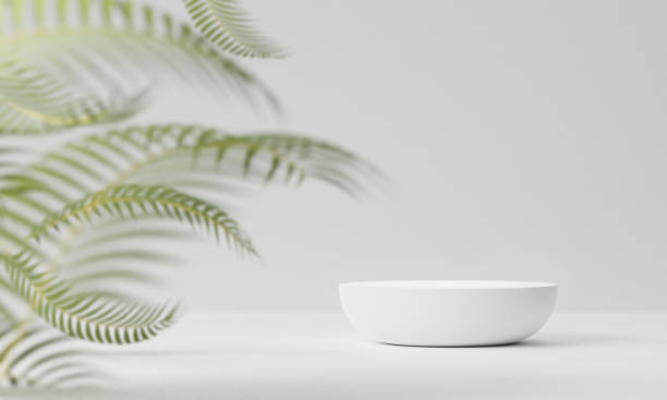istock Round podium or pedestal with leafs on isolated white background, Abstract product display podium, 3d rendering studio with geometric shapes, Cosmetic product minimal scene with platform 1414012705