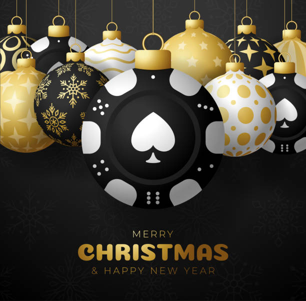 Casino Poker Christmas card set. Merry Christmas sport greeting card. Hang on a thread casino poker chip as a xmas ball and golden bauble on black background Casino Poker Christmas card set. Merry Christmas sport greeting card. Hang on a thread casino poker chip as a xmas ball and golden bauble on black background. christmas casino stock illustrations
