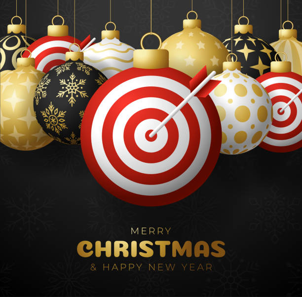 istock Christmas Target Dash sale card. Merry Christmas sport greeting card set. Hang on a thread Target Dash as a xmas ball and bauble on horizontal background. Sport Vector illustration. 1414012797