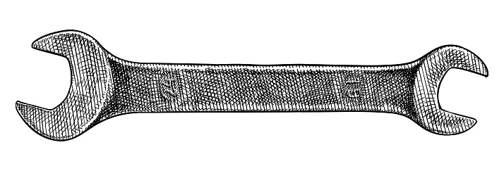 Hand drawn illustration of an old wrench. Side view.