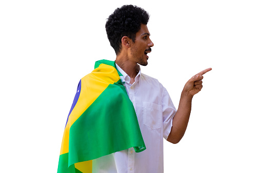 Black man holds Brazilian flag isolated.
