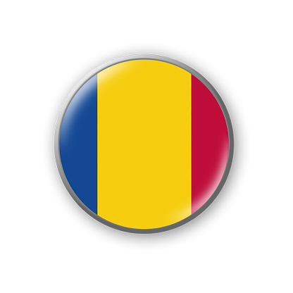 Romania flag. Round badge in the colors of the Romania flag. Isolated on white background. Design element. 3D illustration. Signs and symbols.