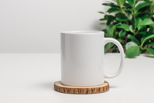 White mockup mug with copy space and houseplant at the background. Mug for brand, logo or design