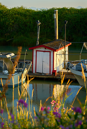 Garry Point Scotch Pond shed on the dock between gillnetters. Steveston, British Columbia, Canada.