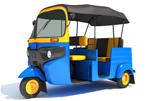 Mini Taxi Auto Rickshaw 3D rendering on white background