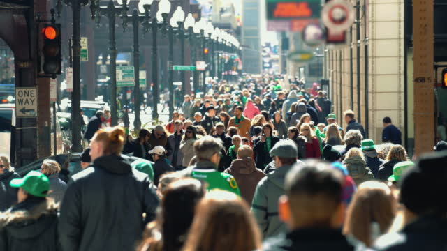 4k footage scene crowd of Pedestrians walking on the street in rush hour among modern buildings in Chicago, Illinois, United States