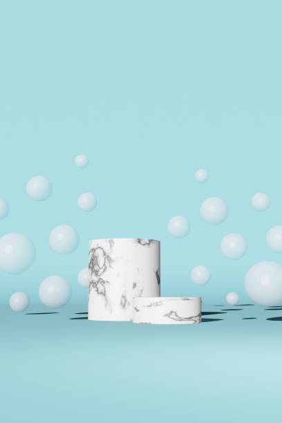 istock Empty marble stones concrete platform podium bubbles blue background 3D rendering. Premium cosmetic product presentation 1414020279