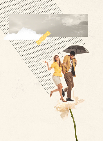 Contemporary art collage. Young stylish couple walking under rain with umbrella. Autumn evening date. Concept of realtionship, lifestyle, creativity. Retro style. Copy space for ad
