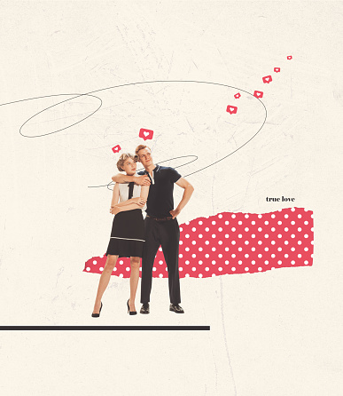 Contemporary art collage. Young stylish couple posing over beige background. Social media acquaintance, date. Concept of relationship, lifestyle, creativity, retro style. Copy space for ad, poster