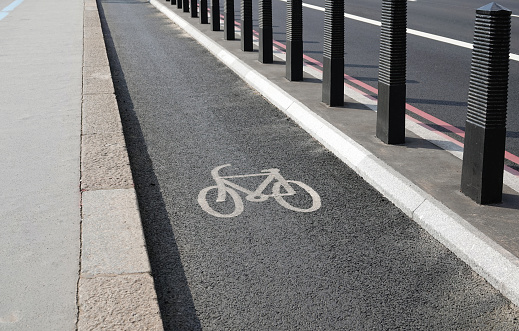 A cycle path on the road in London, UK.