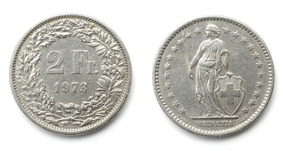 Swiss two-franc coin on a white background