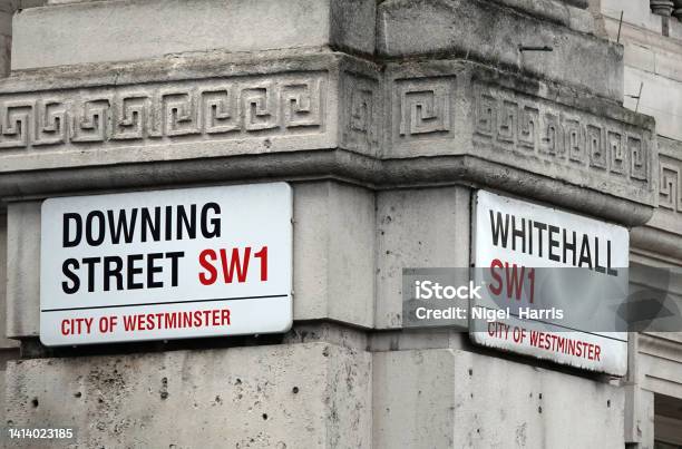 Downing Street And Whitehall Signs On The Corner Where Both Streets Meet In London Uk Stock Photo - Download Image Now