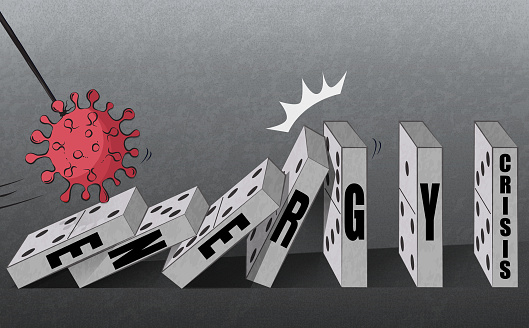 Energy crisis concept. Coronavirus outbreak cause a domino effect on energy crisis. (Used clipping mask)