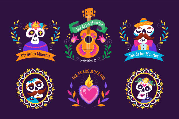 ilustraciones, imágenes clip art, dibujos animados e iconos de stock de mexican dia de los muertos label collection - dia de muertos