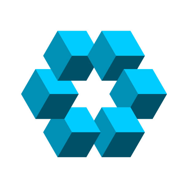 Impossible shape made of cubes with a star in the middle. Sacred geometry. Blue 3D cubes make complex polygon. Isometric logo concept. Optical illusion. Visual effect. Vector illustration, clip art. star of david logo stock illustrations