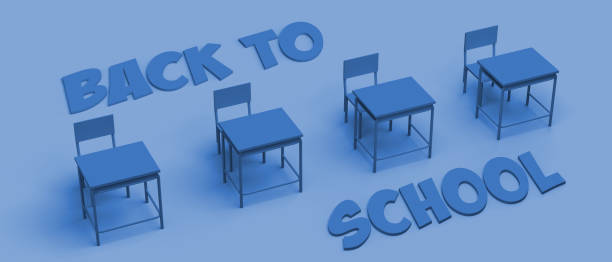 istock Banner with school desks and the text back to school. 3D illustration. 1414025127