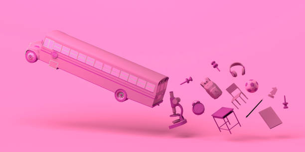 istock Back to school concept. School bus with floating educational objects. 3D illustration. Copy space. Banner. 1414025157