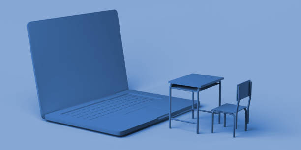 istock Online school. Laptop in front of class desks. 3d illustration. 1414025232