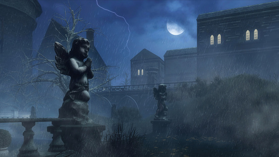 Cupid's sculpture in abandoned autumn park against old scary medieval mansion at dark foggy night with heavy rain and lightning flash. With no people fantasy 3D illustration.