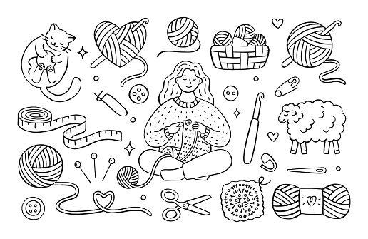 Crochet doodle illustration of girl knitting clothes, cat playing with wool yarn ball, sheep, hook, skein. Hand drawn cute line art about handmade. Drawing for coloring.