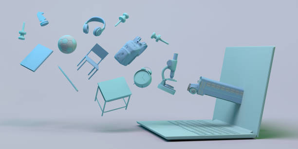 istock Online education concept with computer. Back to school. Screen with floating educational objects. 3D illustration. Copy space. Banner. 1414027468